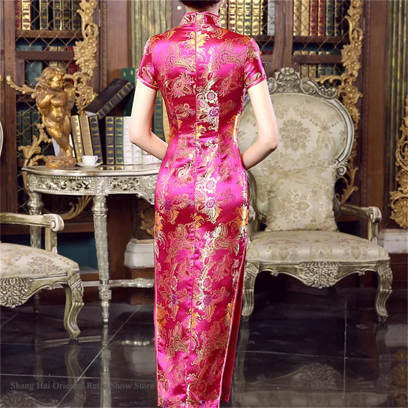 Traditional Satin Long Green Cheongsam Vintage Chinse Style Women's Vestido Dress Summer Jacquard Short Sleeve Qipao Asian Dress