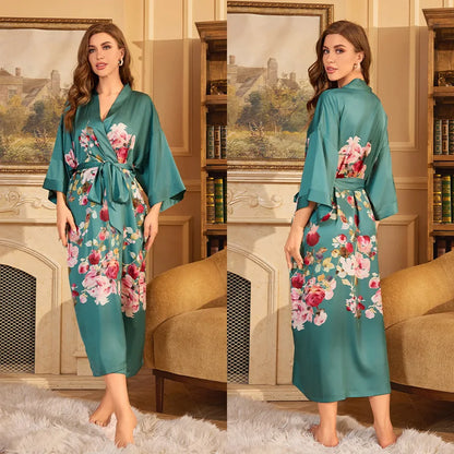 Female Long Robe Chinese Style Print Flower Sleepwear Nightgown Half Sleeve Kimono Bathrobe Gown Loose Casual Satin Home Wear
