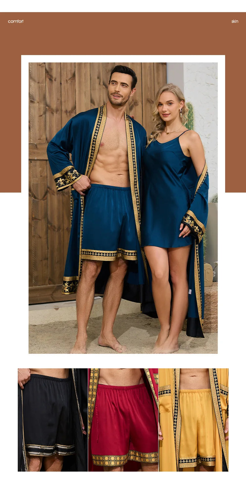 Men Pajama 2PCS Robe Set Spring Summer New Silk Satin Sleepwear Kimono Bathrobe Gown Loose Casual Home Clothing Loungewear