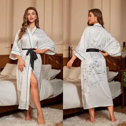 Female Long Robe Chinese Style Print Flower Sleepwear Nightgown Half Sleeve Kimono Bathrobe Gown Loose Casual Satin Home Wear