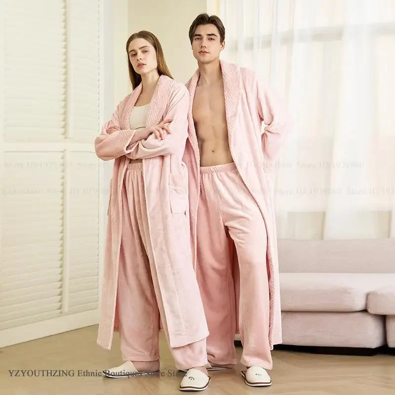 Autumn Winter Couple Sleepwear Home Clothing Thicken Flannel Long Robe Pajama Set Kimono Gown Bathrobe Coral Fleece Loingewear