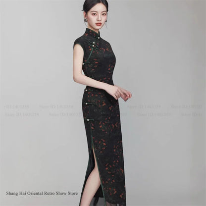 Female Print Flower Long Cheongsam Chinese Dress Elegant Vintage Mandarin Collar Qipao Hanfu Dress New Year Festival Party Wear
