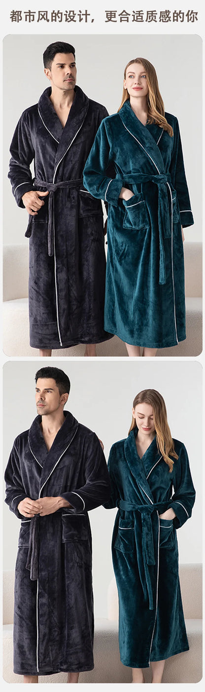 Autumn Winter Women's Sleepwear Thicken Flannel Couple Long Robe Kimono Bathrobe Gown Loungewear Loose Coral Fleece Home Wear
