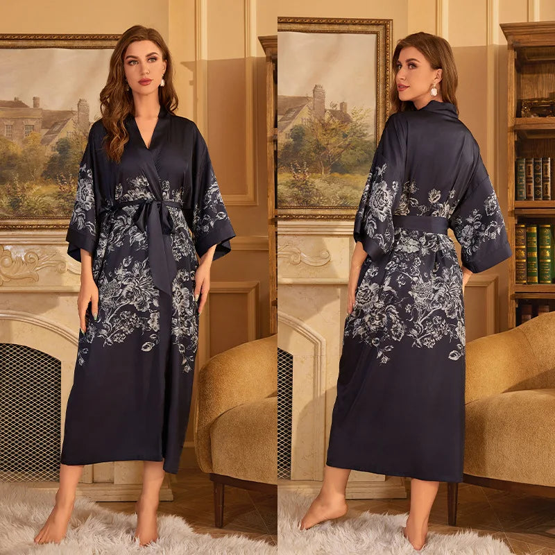 Female Long Robe Chinese Style Print Flower Sleepwear Nightgown Half Sleeve Kimono Bathrobe Gown Loose Casual Satin Home Wear