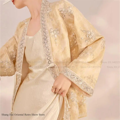 Chinese Style Tang Clothes Qipao Tops Sequin Embroidery Hanfu Cardigan Vintage V-Neck Women Jacket Elegant Spring Summer Outwear