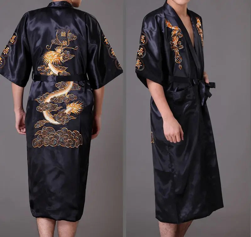 Embroider Dragon Kimono Bathrobe Gown Chinese Style Robe Classical Man Homewear Long Satin Nightgown Loose Sleepwear Loungewear