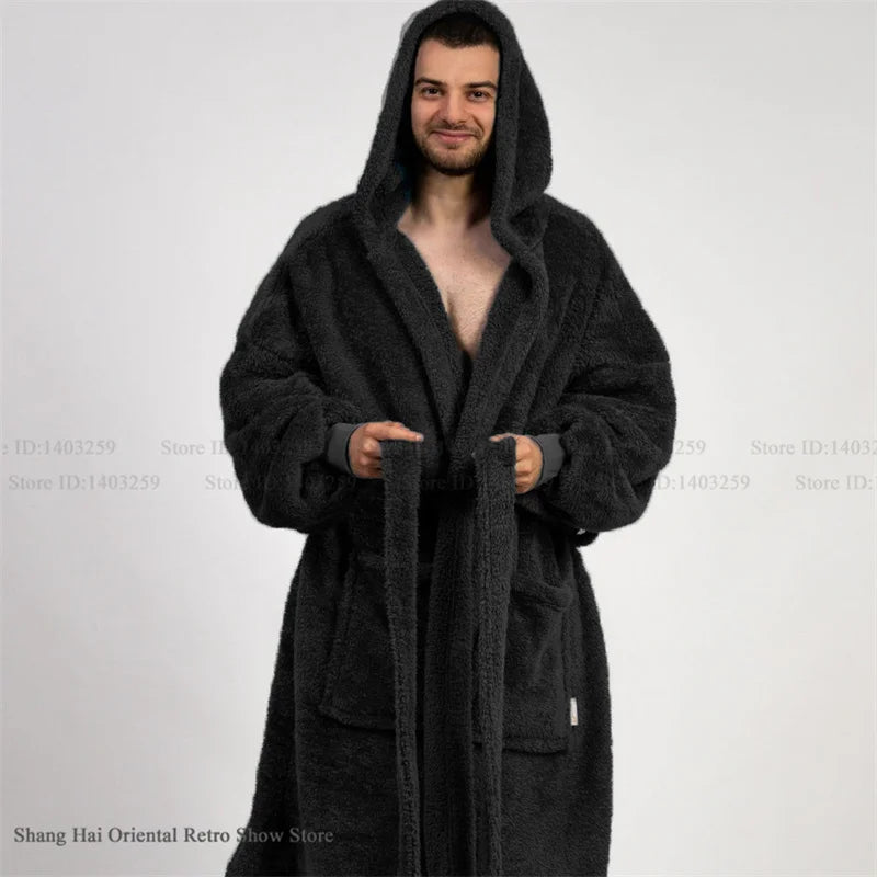 Thicken Coral Fleece Mens Hooded Long Robe Sleepwear Autumn Winter New Nightwear Homewear Loose Casual Flannel Loungewear Pajama