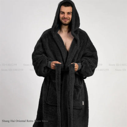Thicken Coral Fleece Mens Hooded Long Robe Sleepwear Autumn Winter New Nightwear Homewear Loose Casual Flannel Loungewear Pajama