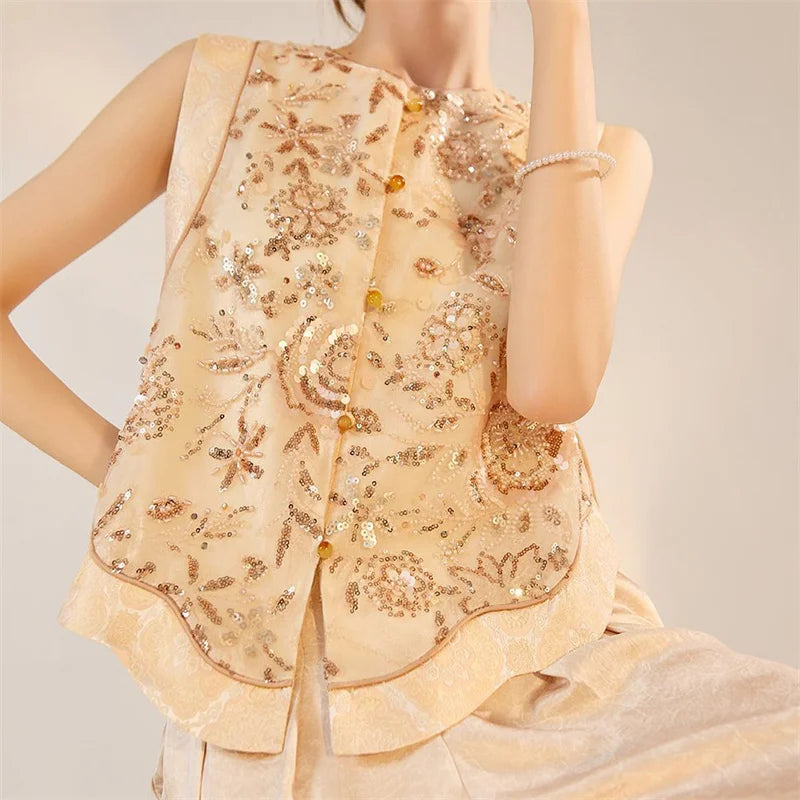 New Chinese Style Women Vest Traditional Tang Clothes Qipao Tops Luxury Sequin Bead Waistcoat Jacket Sexy Sleeveless Blouse Coat