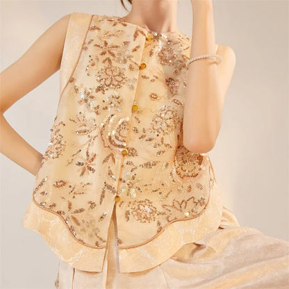 New Chinese Style Women Vest Traditional Tang Clothes Qipao Tops Luxury Sequin Bead Waistcoat Jacket Sexy Sleeveless Blouse Coat