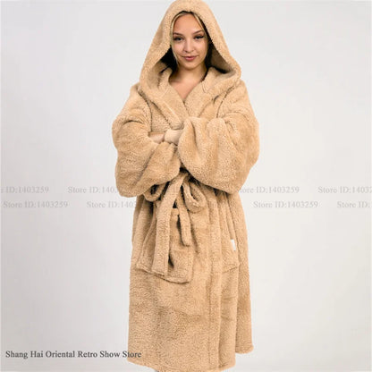Thicken Coral Fleece Mens Hooded Long Robe Sleepwear Autumn Winter New Nightwear Homewear Loose Casual Flannel Loungewear Pajama