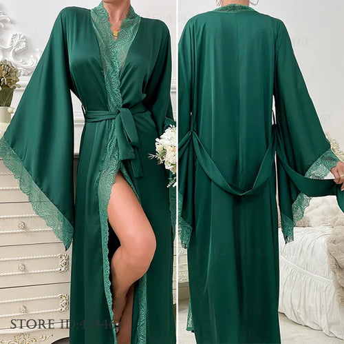 Sexy Lace Kimono Bathrobe Gown Ice Silk Women Long Robe Dress Nightgown Spring New Sleepwear Nightwear Loose Homewear Loungewear
