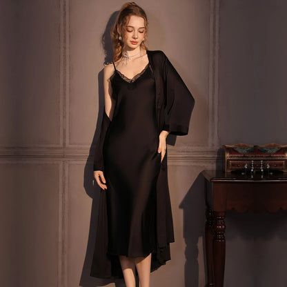 Elegant Female Twinset Robe Set Long Kimono Bathrobe Gown Sexy Lace Nightgown Lingerie Spring Autumn New Sleepwear Home Dress