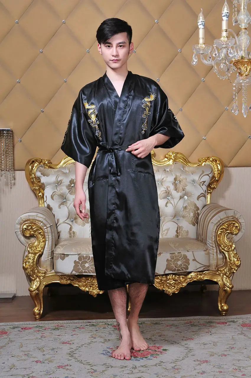 Embroider Dragon Kimono Bathrobe Gown Chinese Style Robe Classical Man Homewear Long Satin Nightgown Loose Sleepwear Loungewear