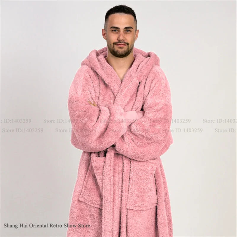 Thicken Coral Fleece Mens Hooded Long Robe Sleepwear Autumn Winter New Nightwear Homewear Loose Casual Flannel Loungewear Pajama