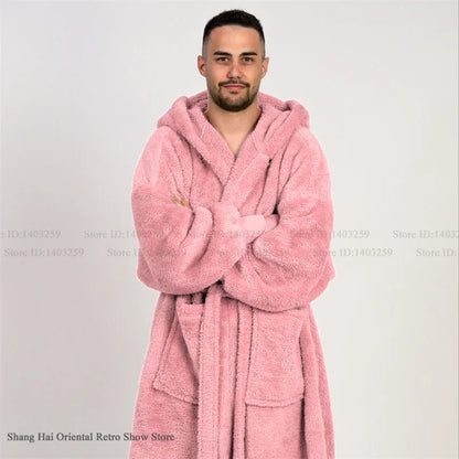 Thicken Coral Fleece Mens Hooded Long Robe Sleepwear Autumn Winter New Nightwear Homewear Loose Casual Flannel Loungewear Pajama