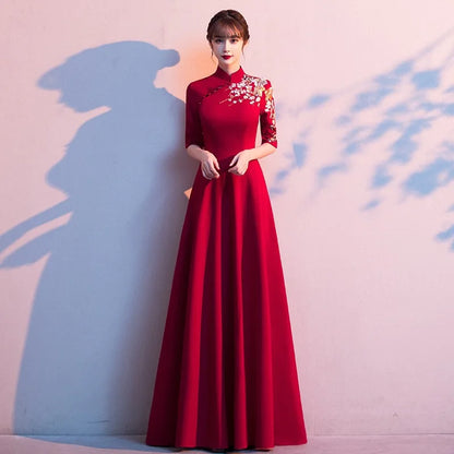 Plus Size 3XL Chinese Style Evening Party Dress Lady Qipao Burgundy Embroidery Applique Cheongsam Banquet Dress Elegant Vestidos