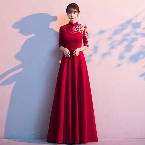 Plus Size 3XL Chinese Style Evening Party Dress Lady Qipao Burgundy Embroidery Applique Cheongsam Banquet Dress Elegant Vestidos