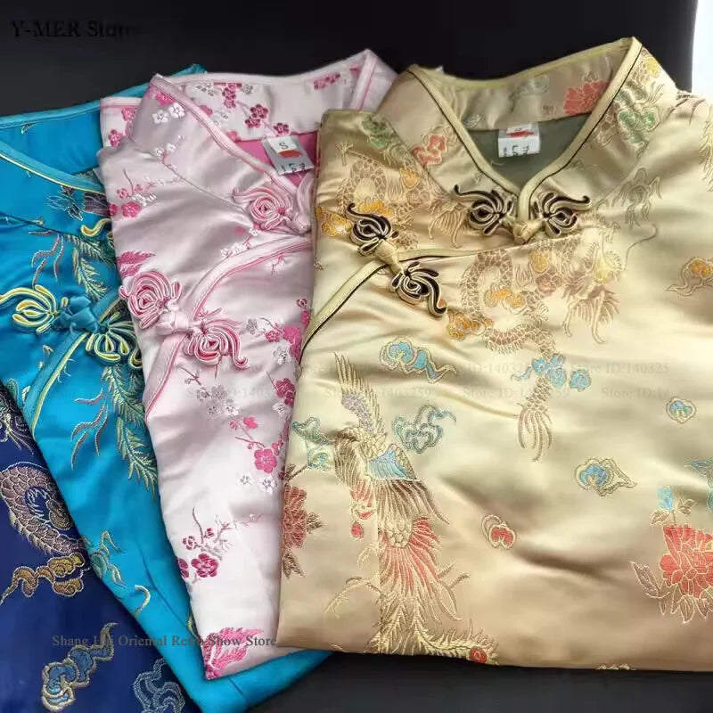 Oversize Chinese Style Dress Vintage Women's Long Qipao Dragon Phoenix Jacquard Satin Cheongsam Hanfu Sexy Slim Brocade Vestidos