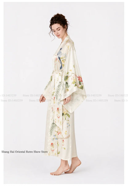 Print Flower Female Long Robe Big Sleeve Kimono Bathrobe Gown Spring Summer Silk Satin Sleepwear Night Dress Loose Homewear