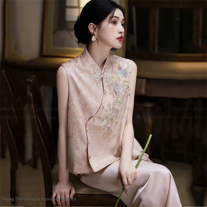 New Chinese Style Women Costume Vest Qipao Set Retro Jacquard Embroidery Tang Costume Silky Satin Waistcoat Dress Evening Dress
