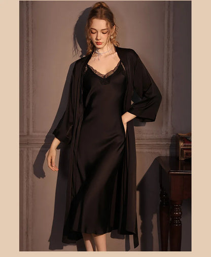 Elegant Female Twinset Robe Set Long Kimono Bathrobe Gown Sexy Lace Nightgown Lingerie Spring Autumn New Sleepwear Home Dress
