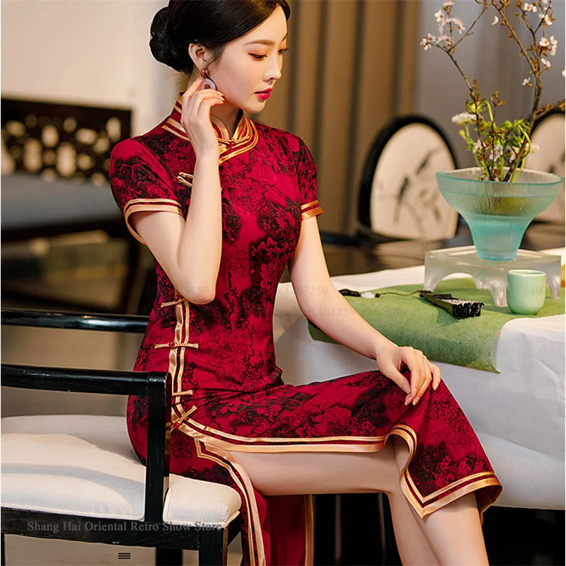 Traditional Chinese Long Cheongsam Plus Size Print Flower Chinese Dress Sexy Slim Split Qipao Novelty Party Evening Party Dress